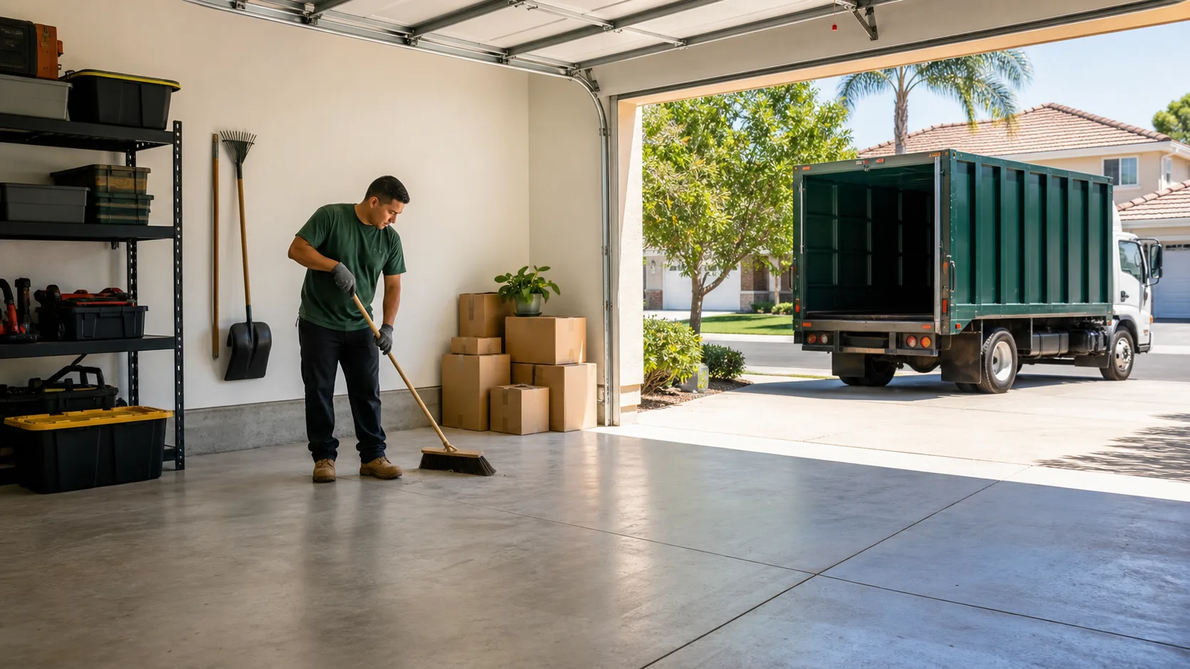 Clean garage after a junk removal pickup with hauling truck outside