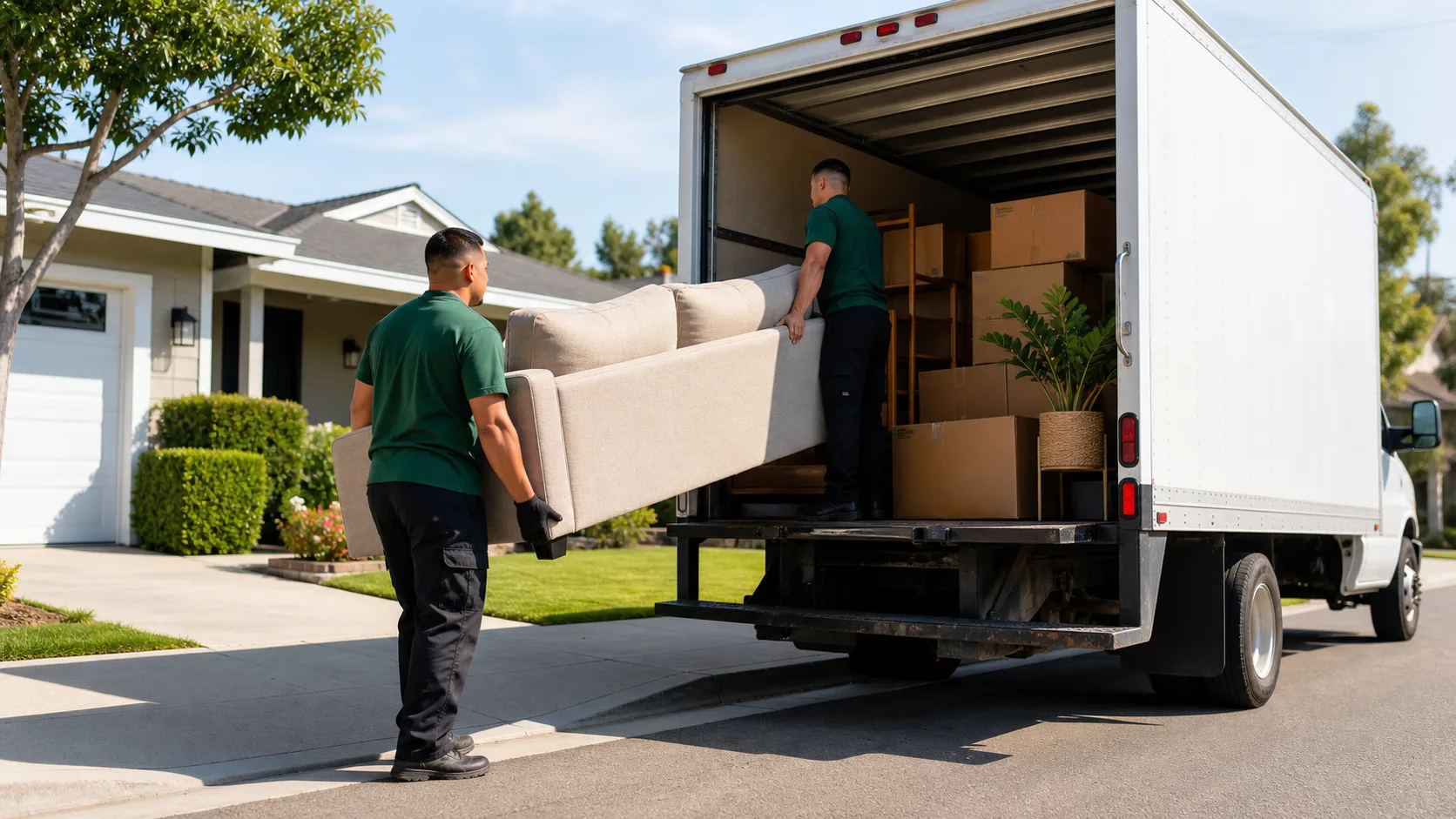 Junk removal crew loading furniture into a clean hauling truck